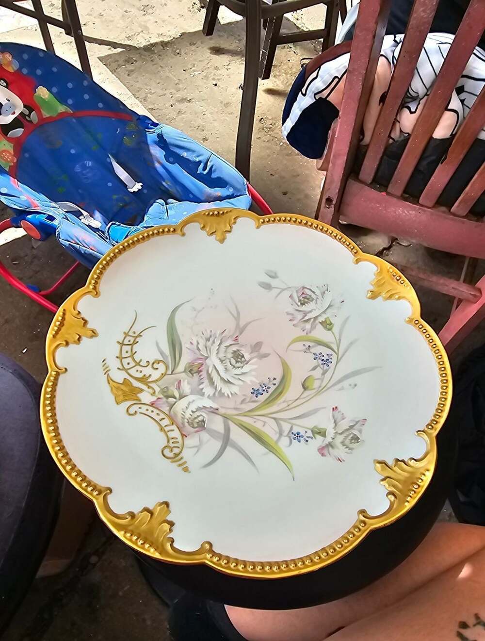 Antique Limoges Hand-Painted Porcelain Platter With Gilt Scalloped Rim